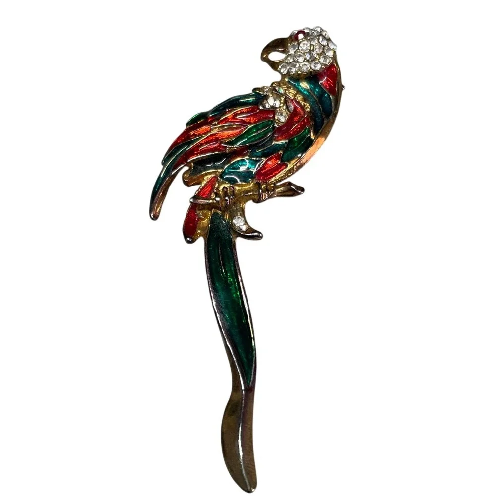 Vintage Enamel Parrot‎ Brooch Gold Tone Tropical Bird Rhinestone Pin Red Green